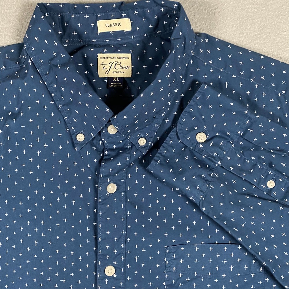 J.Crew Mens Secret Wash Stretch Classic Fit Shirt Navy Blue Geometric H4721 XL